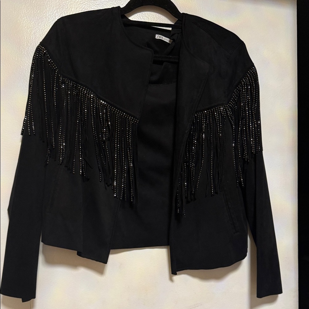 Zara Black faux suede Fringe Women's jacket